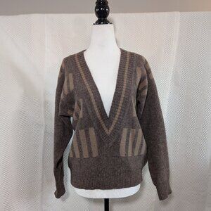 Vintage Shetland Wool Brown Sweater Deep V-Neck Size Large Grandpa Academia Prep